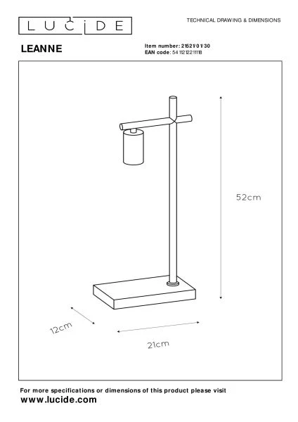 Lucide LEANNE - Table lamp - 1xE27 - Black - technical